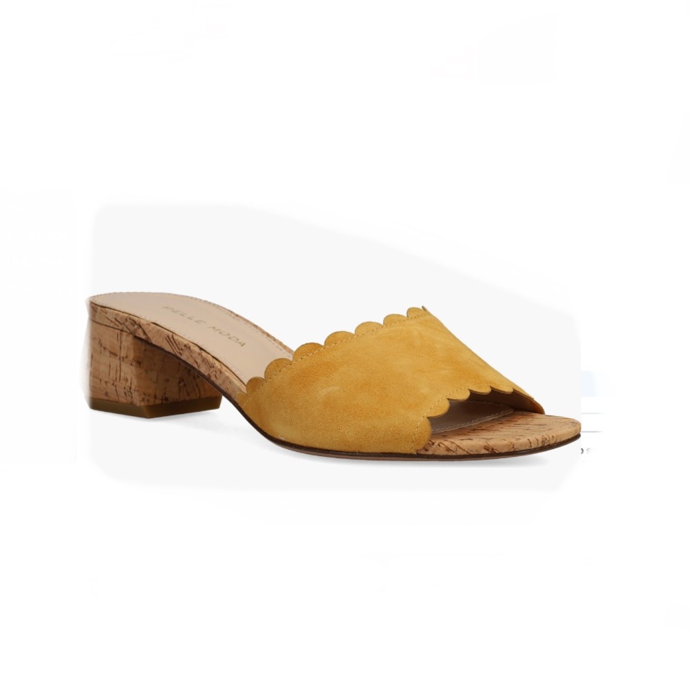 Pelle Moda Talma Sandals Sundial Yellow Women’s 7.5 Scalloped Edges & Cork Heel